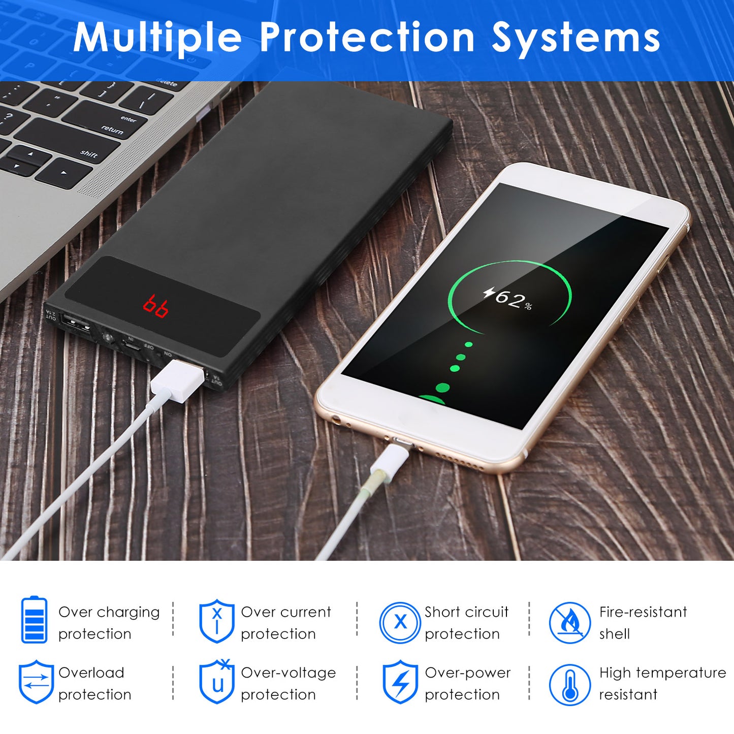 1Pc 20000mAh Power Bank Ultra-thin Phone Charger Dual USB Port Flashlight Battery Remain Display